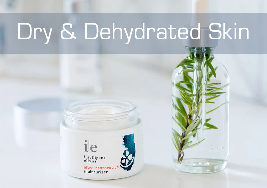 Skincare solutions for dry & dehydration skin and Ultra Restorative Moisturizer next to a sprig of rosemary in a bottle